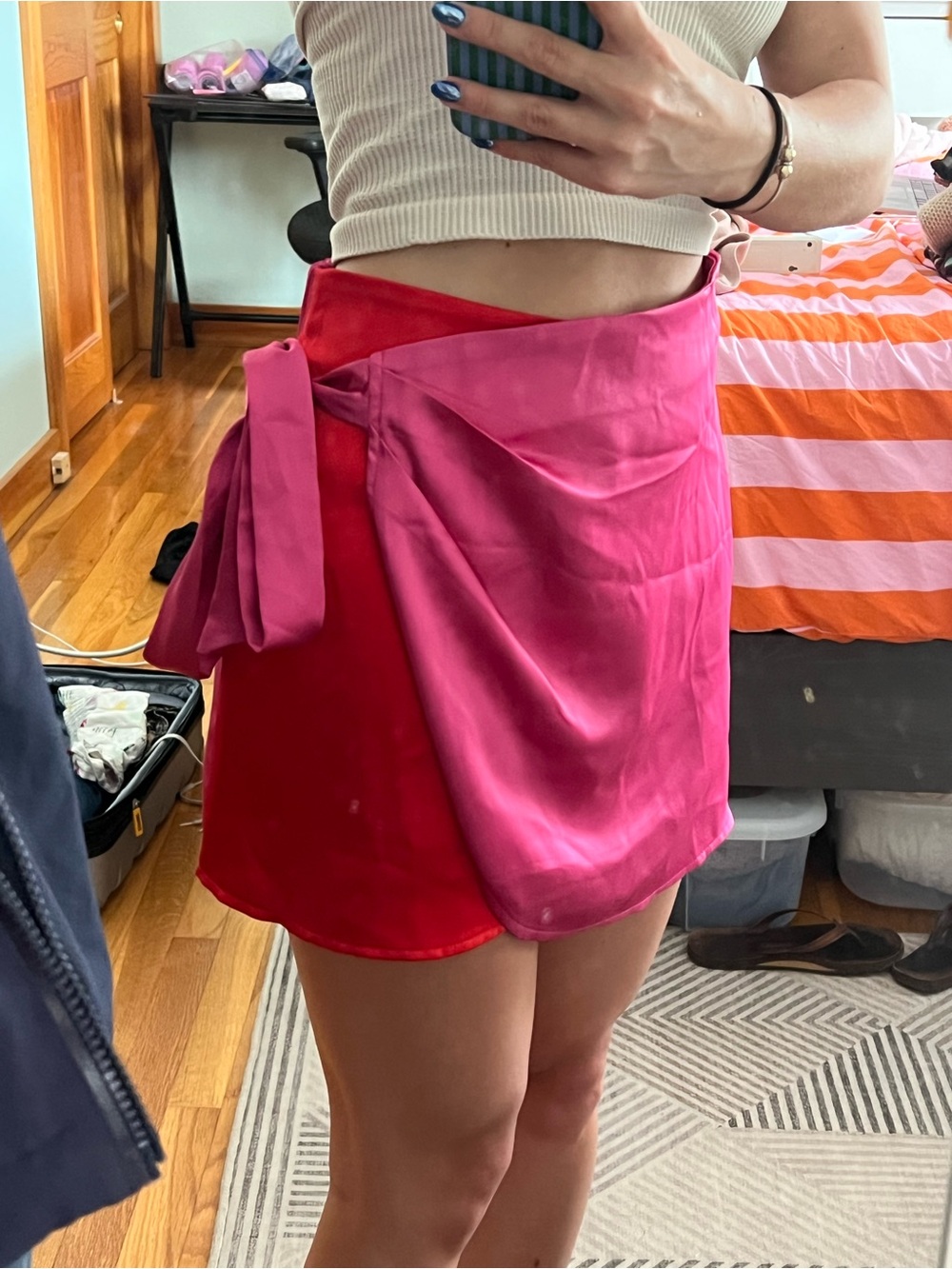 Sincerely Jules Pink Satin Wrap Mini Skirt Colorblock Hot Pink Red